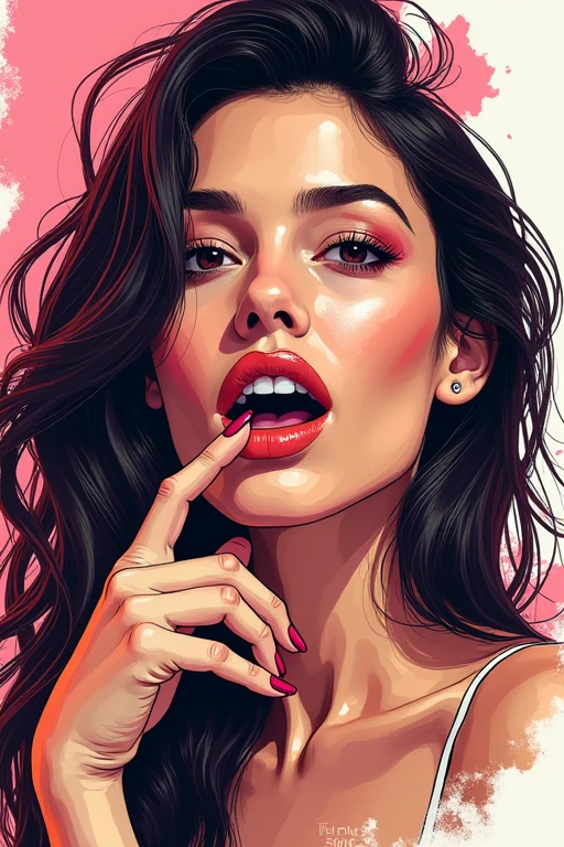 painting of a woman with a lipstick in her mouth sitting on a bed, sultry digital painting, cartoon digital painting, in the art style of bowater, in style of digital painting, digital cartoon painting art, digital art picture, #1 digital painting of all time, # 1 digital painting of all time, digital paining, in style of digital illustration