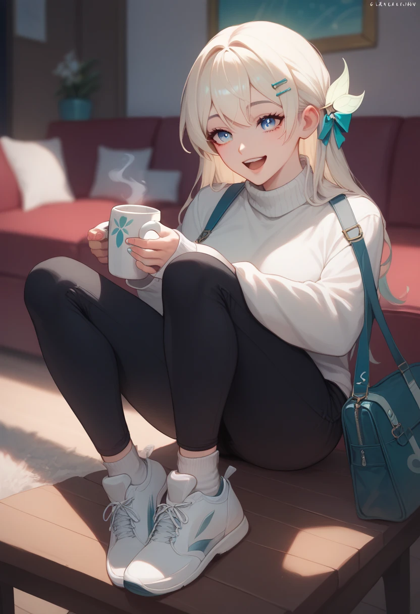  a woman with long white blond hair with a cyan gradient down ,  blue eyes with light shades of topaz and cyan and small white stars ,  and a green dragonfly hair clip , clear and happy face ,  wearing a white sweater with black pants and sports shoes, she is sitting in a living room ,  and in her hand is a mug of hot chocolate .