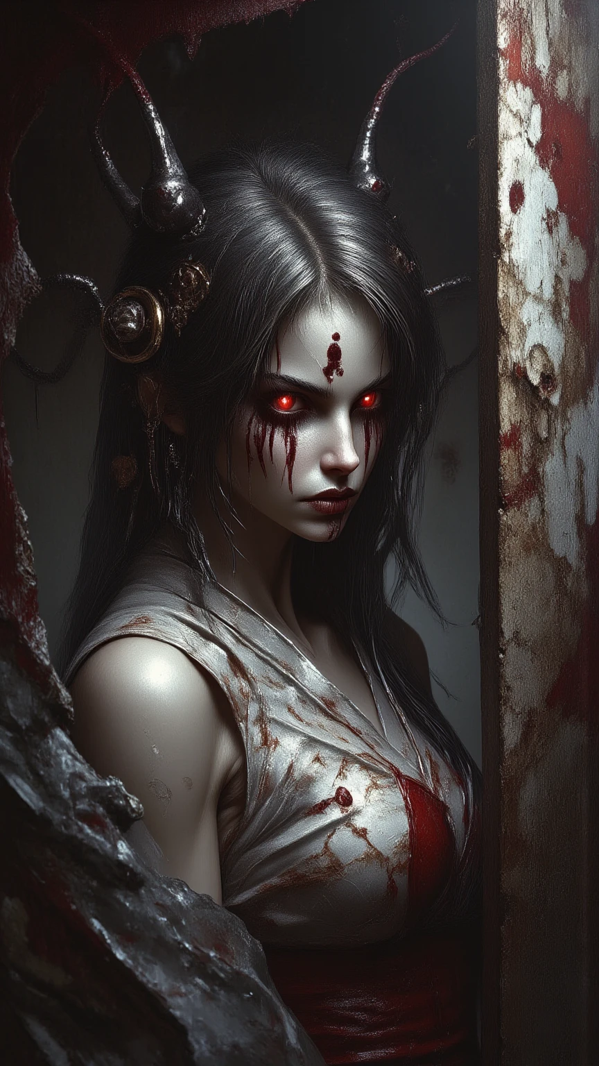 A very pal humanoid character, with red eyes, her name is (The Englewood Witch), she is crazy, nuts, horror, she is creepy, she is scary, shock value, very evil, she is skinny, evoke, fear, terror, dread, decay, disgust, she is a Psycho, dark, unusually thin, thin, scraggly, emaciated, twisted, frightening, sick, dark background, long white_dress, gore, bloody_hands, solo, (messy_long_dark_hair), fog, evil eyes, eyes glowing, fire in the background, (she is wearing a very dirty old torn_white_dress), (she is pulling a slug out of her mouth)