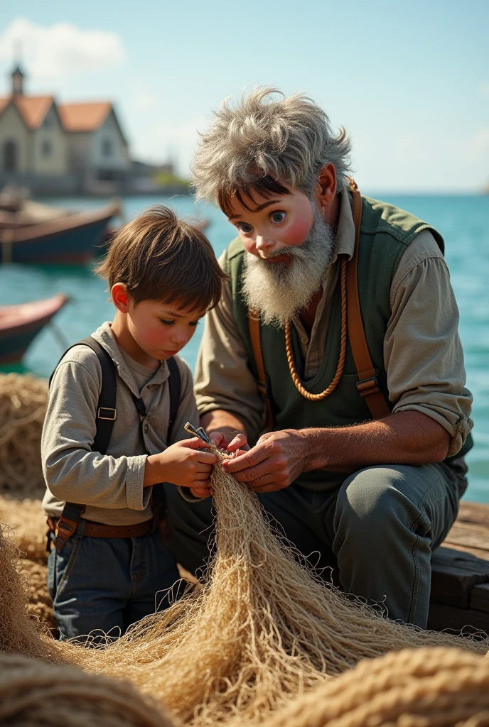 The boy helps his father remove small fish from the net on the boat.
