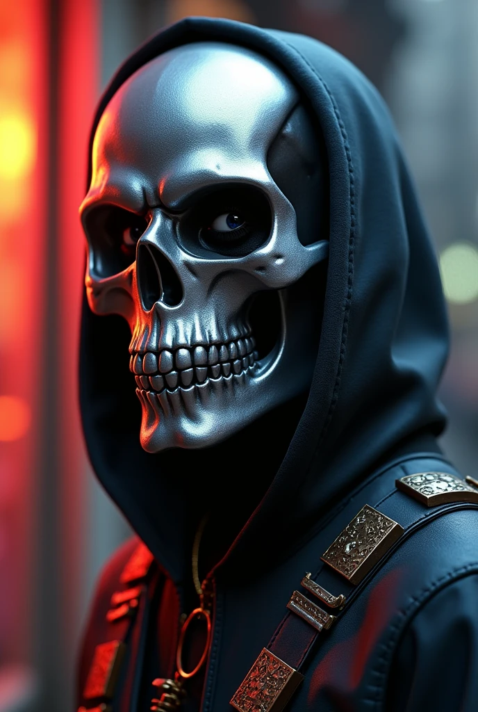(masterpiece) a reaper with a Skull head and burning eye holes, black Coat hood on head, Holding a sense, black lightning Background
