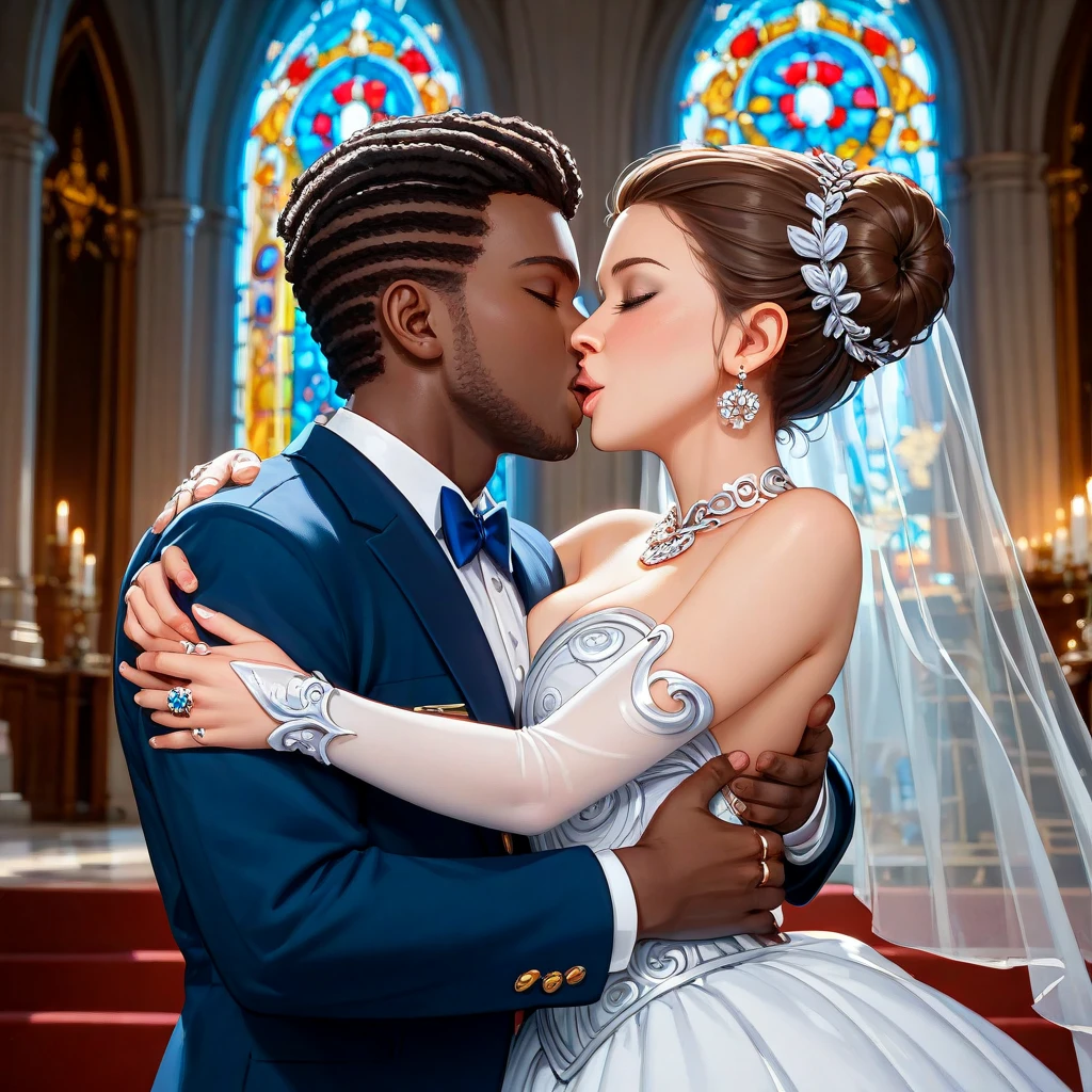 ((highest quality)), ((masterpiece)), Perfect Face、(((Yuuki Yuuki Asuna)))、(((The woman has brown hair and white skin)))、((A woman sits between the legs of a black man, leaning herself against him.))、((The black man and woman are dressed in flashy clothes and sit in big, luxurious chairs, with the man fondling her breasts, touching her crotch, kissing her and caressing her.))、The woman is wearing a gorgeous white see-through wedding dress and a detachable wedding veil and wedding dress skirt.、The woman is a mafia girl in a flashy costume.、Black man in flashy clothes、((Black man grabs woman's breasts and squeezes them violently))、(A woman gives a loving kiss to a black man)、(The black man is a mafia boss with a dark skin, a strong body, a big erect black dick and ?????????)、(The woman looks at the black man with loving eyes, looking happy.)、The woman is wearing earrings and a necklace decorated with gorgeous jewels.、jewelled waist chain、Black men and women wear gorgeous engagement rings、The woman is a black man's wife=Mafia boss's wife