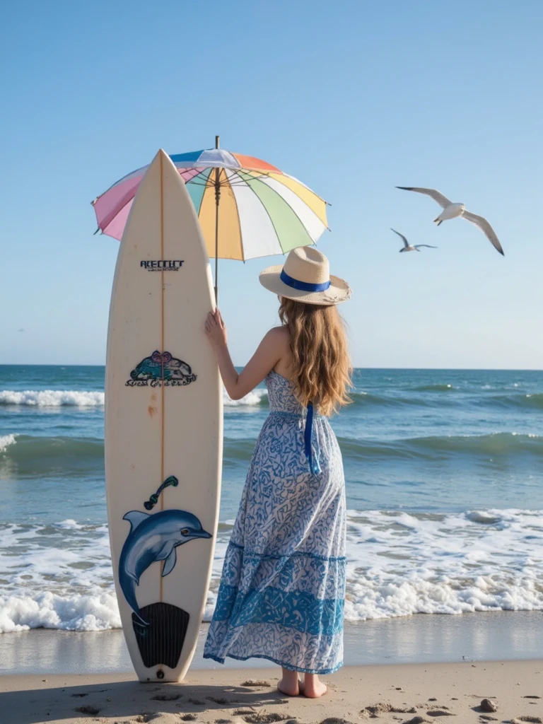 Blue ocean waves、White beach、In the distance, a woman in a white swimsuit is surfing.