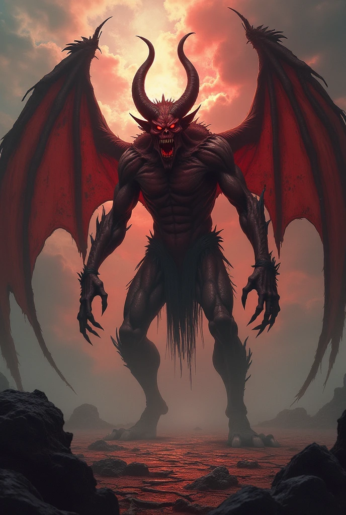 Agile demon first with twisted horns, leathery, red-black skin and cracked wings