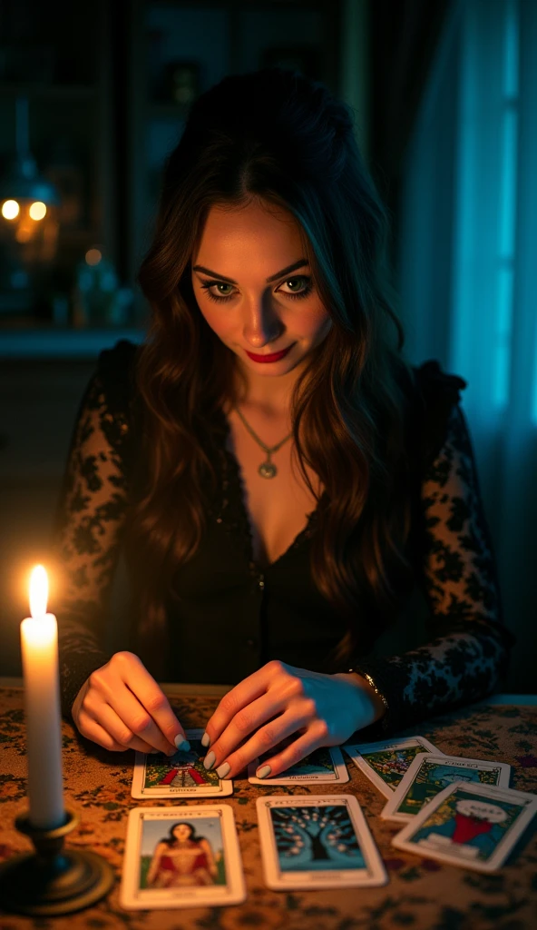 A mysterious fortune teller sits at a candlelit table, gazing intently into her tarot cards. She has one green and one blue eye, adding to her enigmatic aura. The dimly lit room is filled with shadows and mystery, as she prepares to reveal the secrets of the cards.
