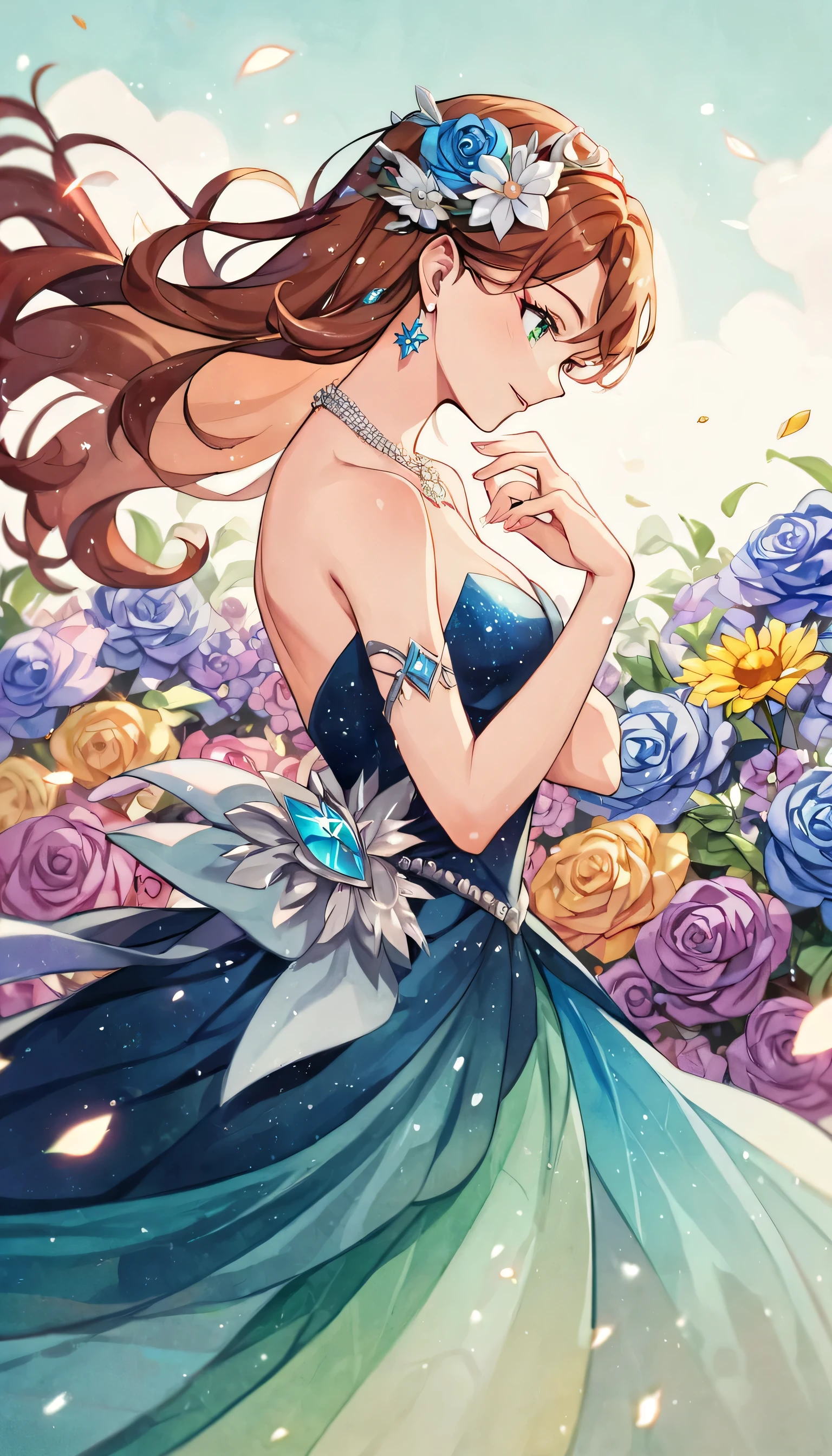 score_9, score_8_up, score_7_up, score_6_up, score_5_up, score_4_up, BREAK source_anime,rating_save, Beautiful and magical elven girl with long auburn-brown hair, dark-teal crystal gown with navy-blue accents, wandering in a John Lasseter style flower field as a light mist forms around her at the break of dawn, anime and watercolor splash