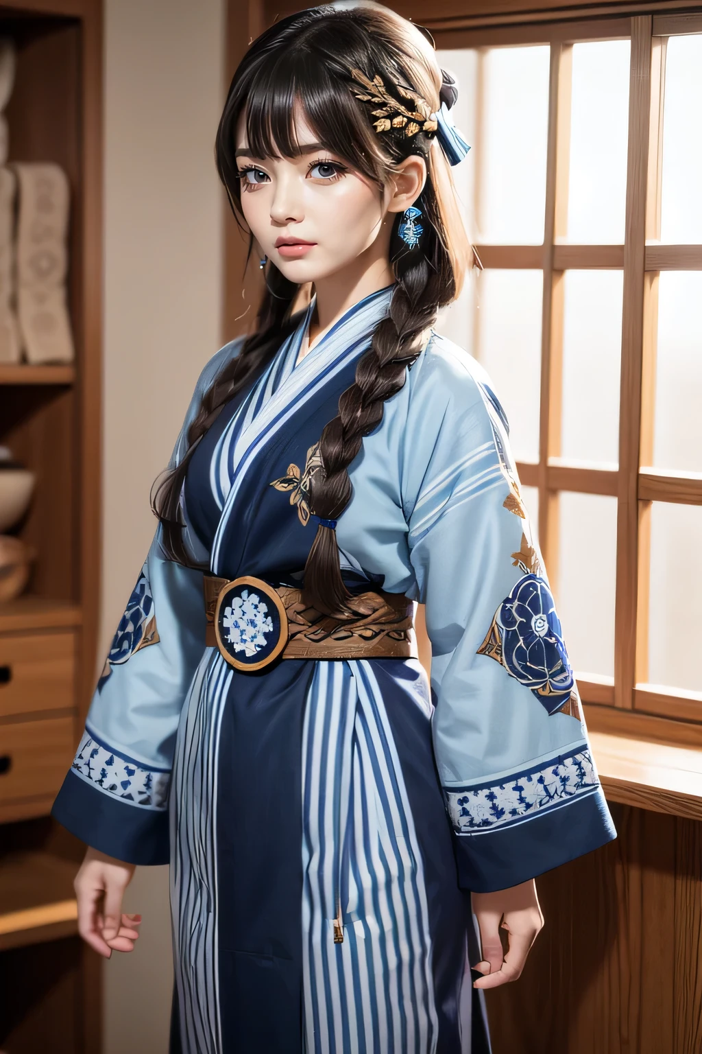Arafed asian woman in a blue and white dress standing in a room - SeaArt AI