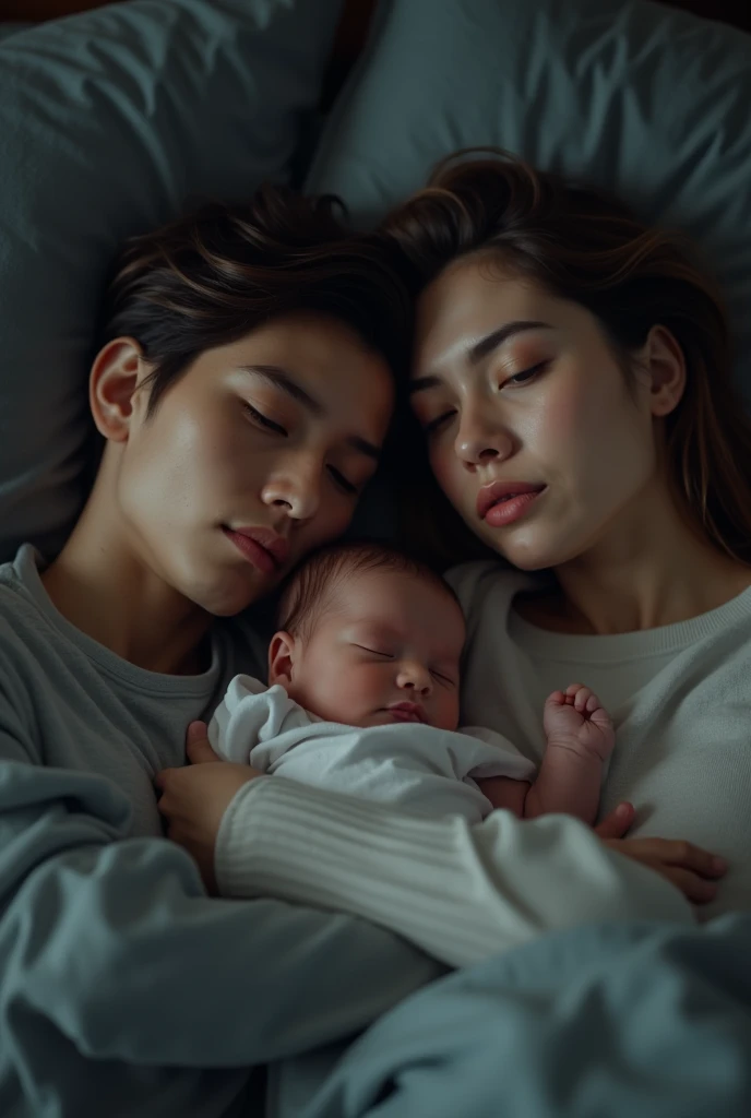 Inside a dimly lit, old-fashioned room, a small child sleeps peacefully beside his parents