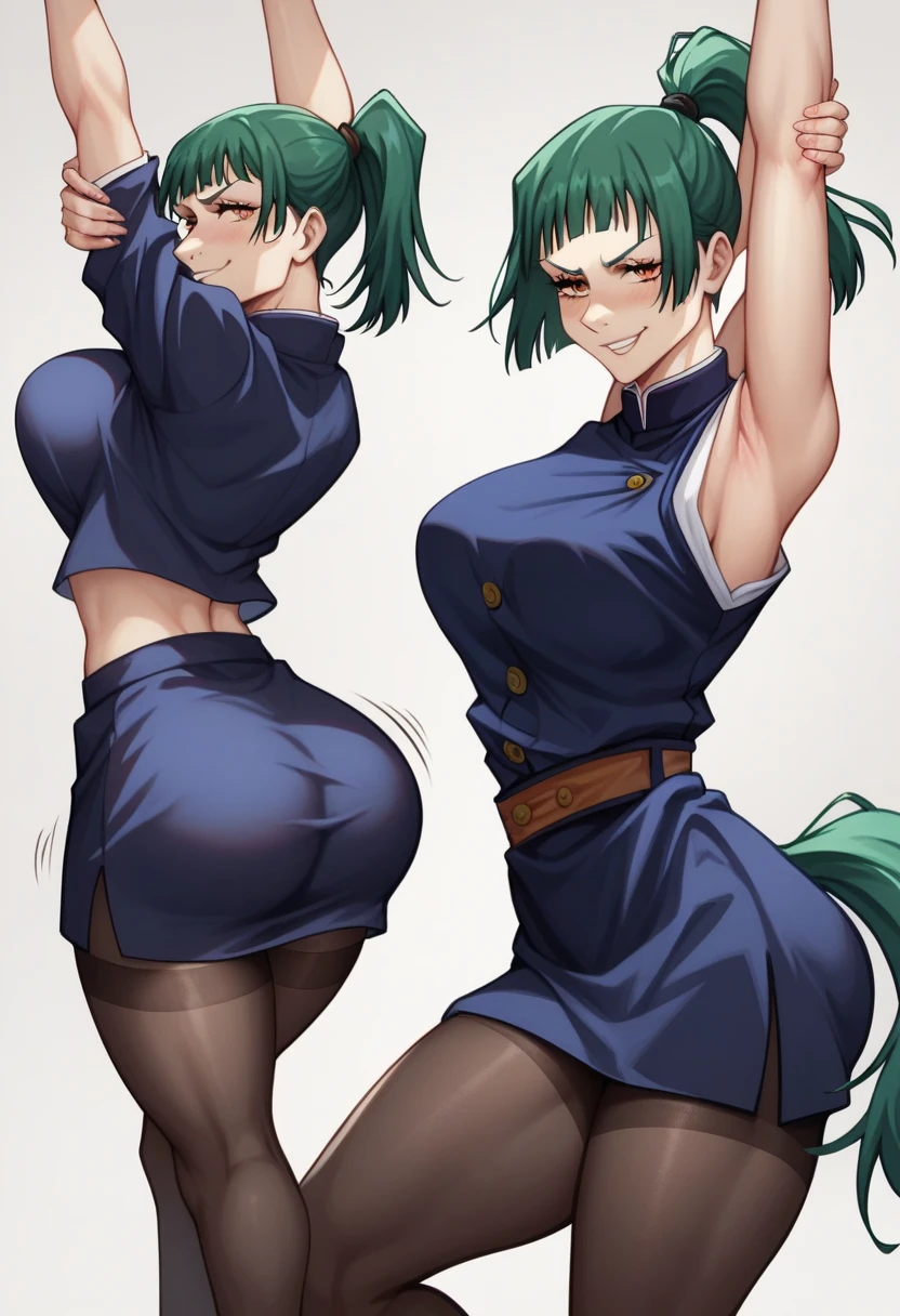 score_9, score_8_up, score_7_up, source_anime, best quality, clear face, Maki (jujutsu kaisen), green hair, orange eyes, medium hair,pony tail, large breasts, perfect body, looking at , cute embrassed,smug,blush,wearing black shirt,miniskirt tight,view ,big tit,hot,r,motion lines,motioon lines,standing stretching,big sexy thighs,sexy,curvy ass,hourglass body,sexy,black thighs,sexy,stretching legs,sexy pose,black tights, covering croth 