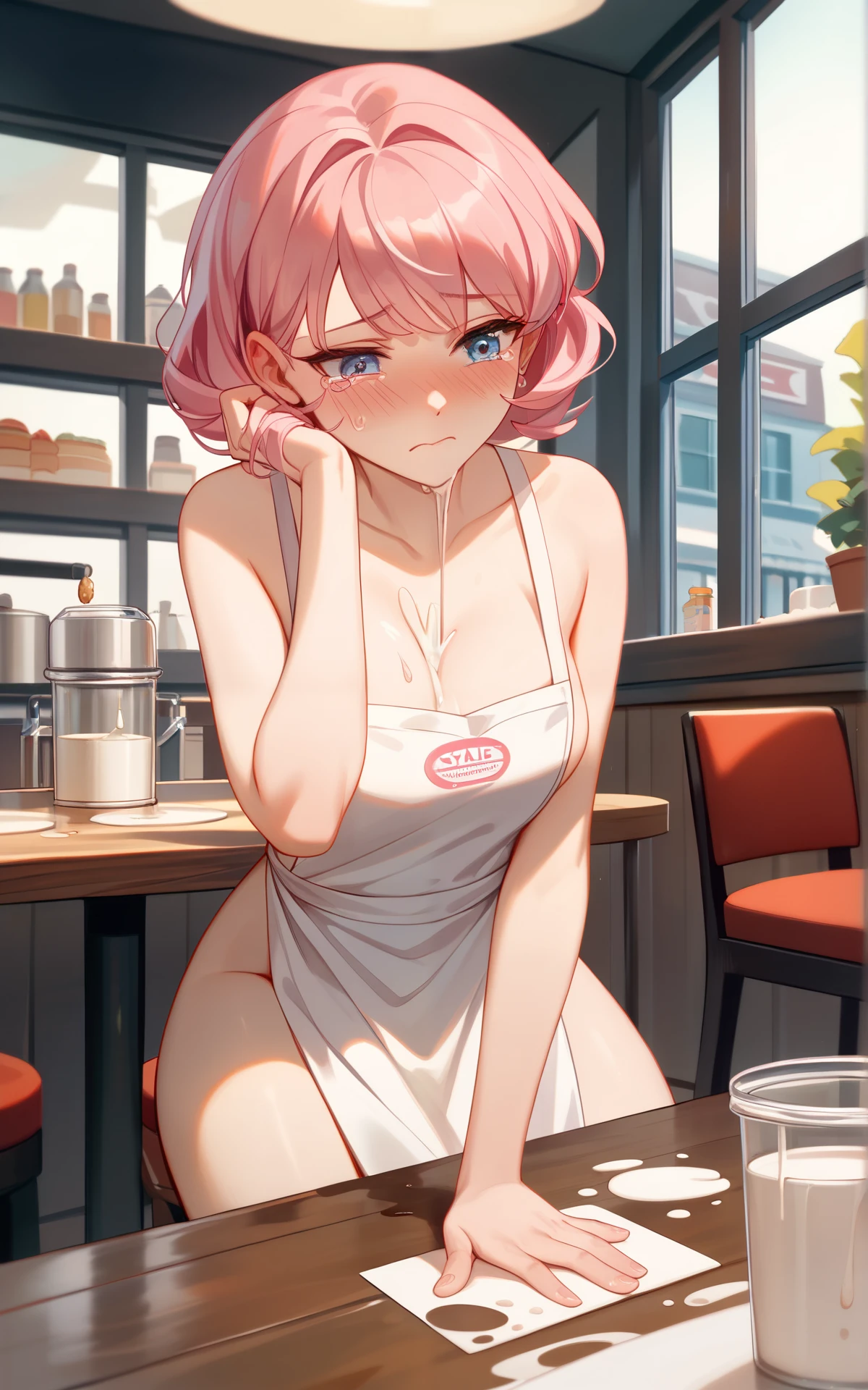 ((bashfulness)), cry, sadness, 
((blush)), 
((shyness)), 
cafe apron, 黒いエプロン, cafe, 
((masterpiece)), 
((best quality)), 
((high quality)), 
((ultra high res)), 
((female)), 
((high quality)), 
((nude)), pink hair, ((spill milkr))