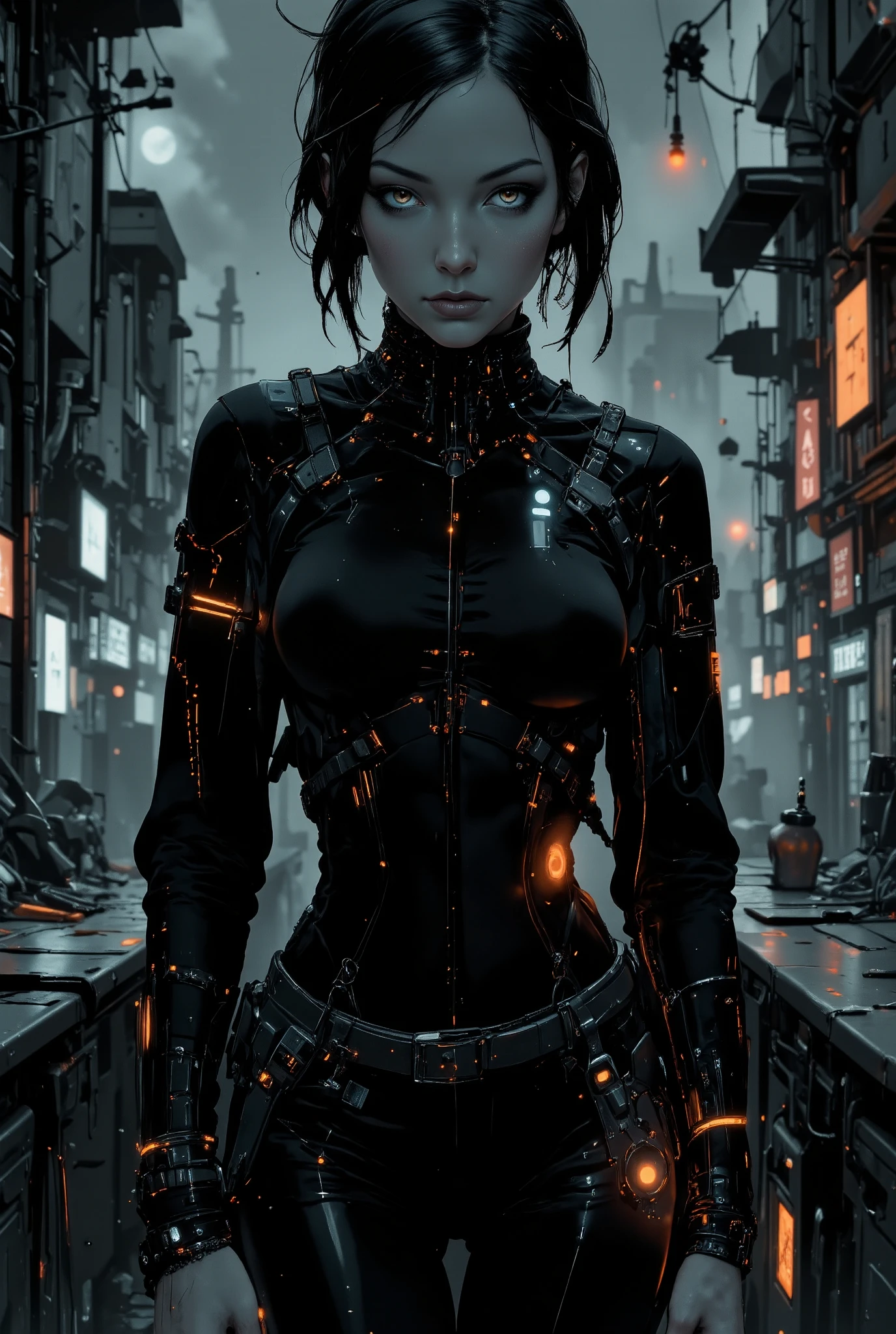 girl Bladeruner robot concept  Black Style Clothing, by Yoshitomo Nara and Jenny Saville ,  close up, dynamic pose,  best quality, moody lighting, volumetric fog