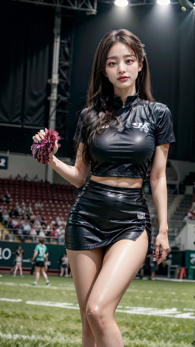 A beautiful young Japanese woman, 20 years old, with perfect anatomy, healthy thighs, beautiful feet, flawless skin, random hair color and style, large bust, (she is standing:1.2), wearing a cheerleader uniform with micro-pleated miniskirt, in a full body shot, standing in a stadium, (best quality,4k,8k, highres, masterpiece:1.3), (extremely detailed:1.2)