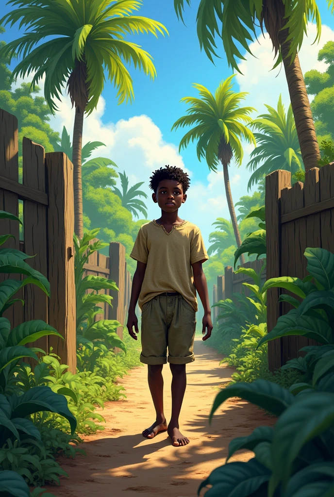 4k illustration of masterpiece of a black boy with short curly hair, explorador e feliz de 8 anos,  ,looking startled and amazed at a sacred tree .
This tree is lit and imitating a very strong light