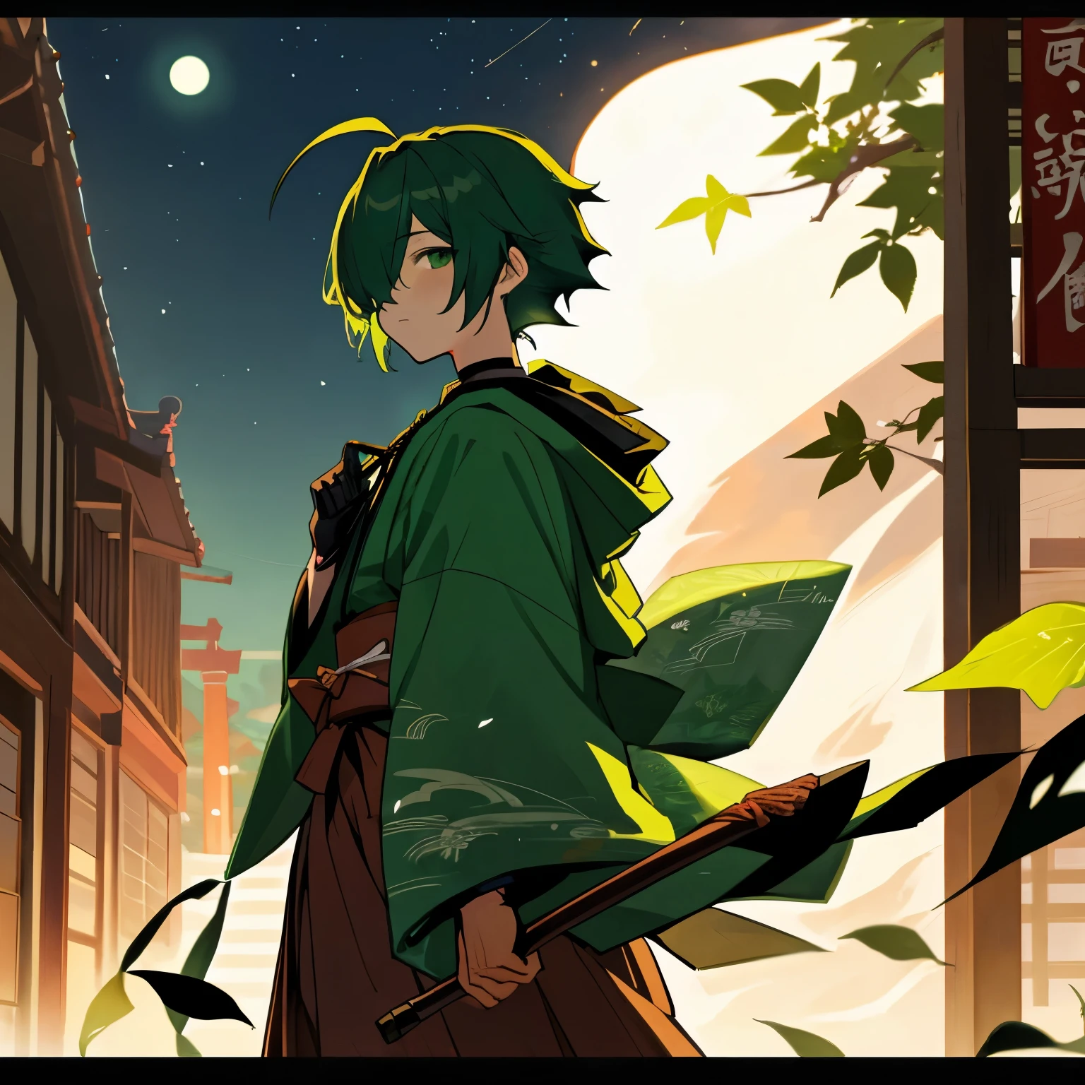 (boy), green ivy hair, green eyes, short cut, side part, ahoge, hair over one eye, thin eyebrows, young, expressionless, alone, short, Shota, solo, with a magic leaves large green big tattoo, slim, hakama, japanese clothes, gloves, hood, choker, dark fantasy, cult party kei, cyberpunk, outside, on the back alley, at night, wearing a hood, cult party kei, folk art, Taisho