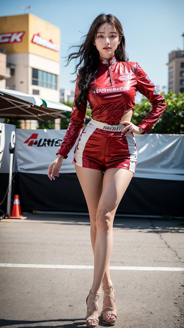 A beautiful Japanese woman, 20 years old, perfect anatomy, healthy thighs, beautiful legs, beautiful skin, random hair color, random hairstyle, large breasts, race queen, (race queen costume:1.3), zent, (she is standing:1.2), full body shot, high heels, racing circuit, (best quality,4k,8k, highres, masterpiece:1.3), (extremely detailed:1.2),photorealistic, cinematic lighting,HDR,professional photography, vivid colors