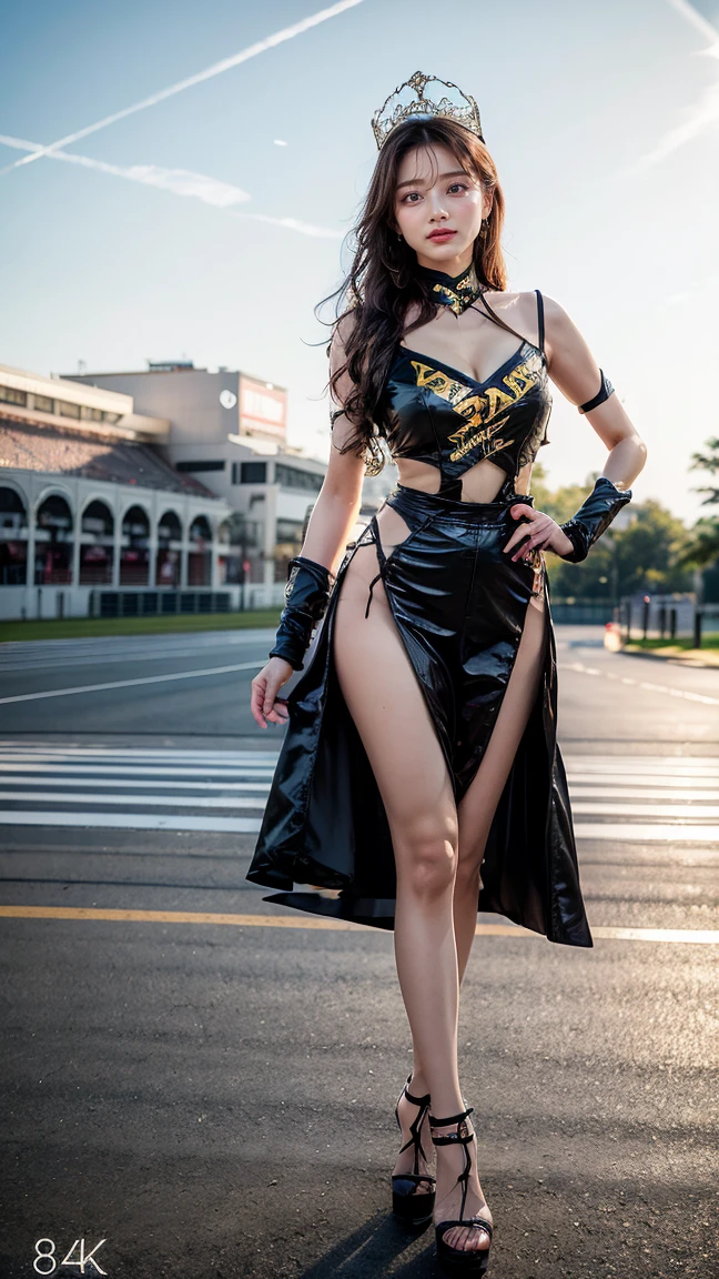 A beautiful Japanese woman, 20 years old, perfect anatomy, healthy thighs, beautiful legs, beautiful skin, random hair color, random hairstyle, large breasts, race queen, (race queen costume:1.3), zent, (she is standing:1.2), full body shot, high heels, racing circuit, (best quality,4k,8k, highres, masterpiece:1.3), (extremely detailed:1.2),photorealistic, cinematic lighting,HDR,professional photography, vivid colors