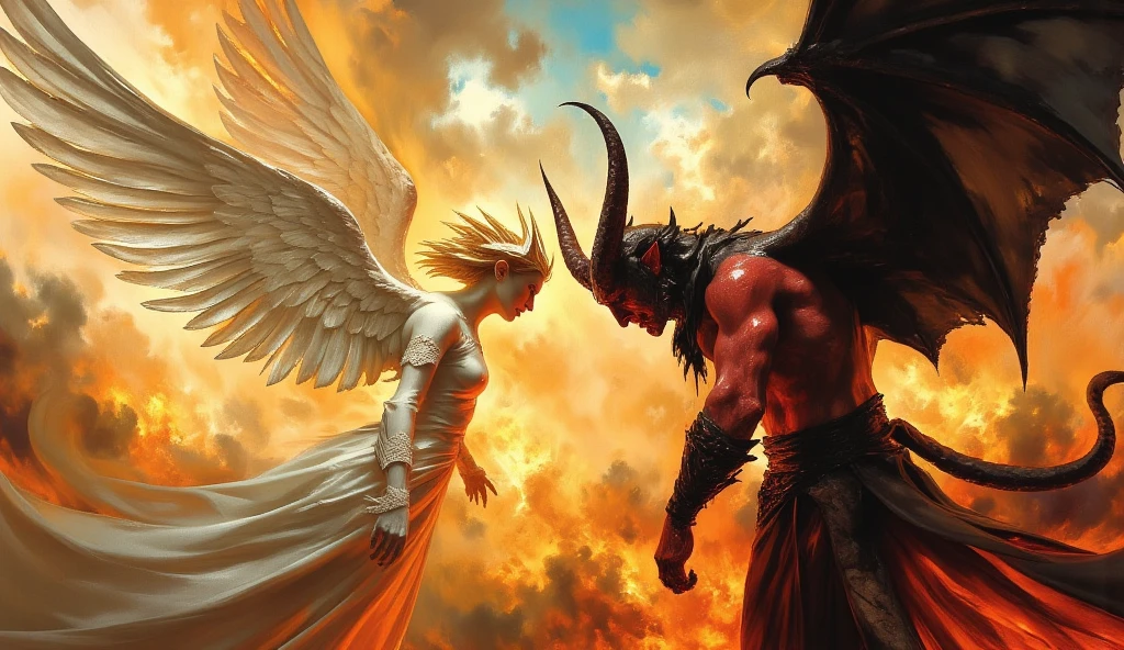 (best quality, 128k,highres,masterpiece:1.2),ultra-detailed,(realistic,photorealistic,photo-realistic:1.37), ((masterpiece)) ((photography)) ((Highest quality)) An oil painting-style artwork depicting a dramatic scene of an angel and a demon facing each other. The angel is radiant, with large, soft feathered wings glowing in hues of white and gold. She stands gracefully, her light flowing gown blending with a heavenly aura. The demon, in stark contrast, has a muscular figure, dark, bat-like wings, and crimson skin, surrounded by fiery and shadowy tones. The two are locked in an intense gaze, their postures reflecting both conflict and a subtle connection. The background is a dynamic swirl of light and dark, with celestial clouds merging into fiery embers, symbolizing the eternal balance between good and evil. The brushstrokes are bold and textured, with rich, dramatic colors enhancing the tension and emotion of the scene.