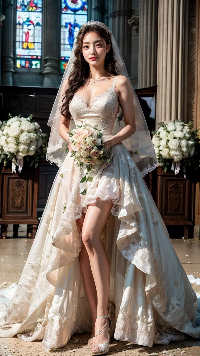 A beautiful young Japanese woman, 26 years old, with healthy thighs, beautiful legs, flawless skin, random hair color and style, large breasts, wearing a (wedding dress:1.3), (she is standing:1.2), full body shot, high heels, holding a bouquet in her hands, in a church setting, (best quality,8k, masterpiece:1.3), (extremely detailed:1.2), perfect anatomy