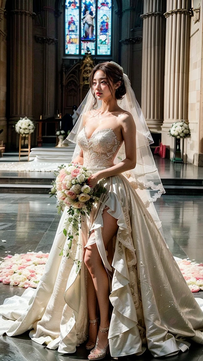 RAW photo, Instagram_Influencer_45_By_Stable_Yogi, white lace up wedding dress, veil, tiara, chapel, smiling, happy, excited, (high detailed skin:1.2), 8k uhd, dslr, soft lighting, high quality, film grain, Fujifilm X, style-bridal
