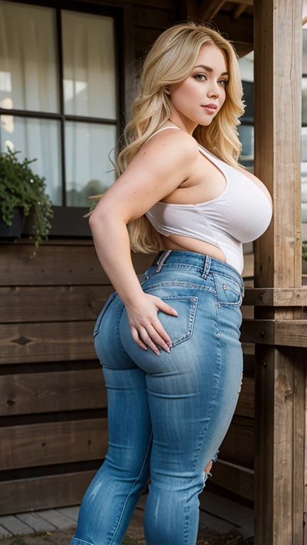 Big ass blonde model in jeans, thick, ultra wide hips, wide hips, topless, small breasts, ultra hd, realistic face, lustful look in her eyes, high resolution face, perfect face, thick, pawg, wide hips, thick thighs, choker, dripping in oil