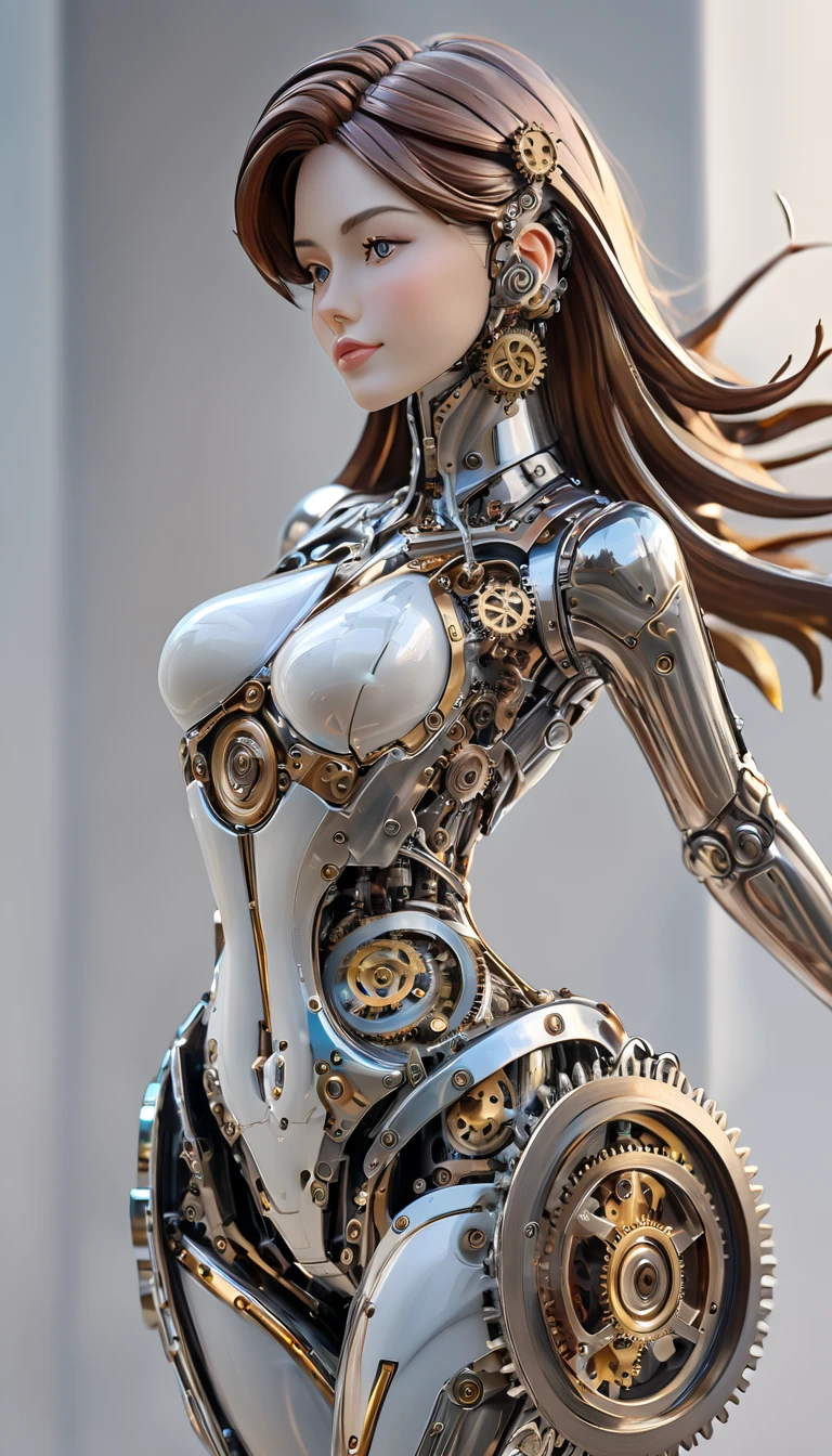  Best Quality,  super detailed  ,Practical,Mechanical,, Slim Woman Sculpture , Detailed Gears and Gears ,Stainless steel,Moving parts,Industrial Aesthetics ,Mechanical, Steampunk , Shiny metal surface , sharp edges and angles,Bright studio lighting ,Colored LED Lights ,Mechanical movements, Clock Accuracy 