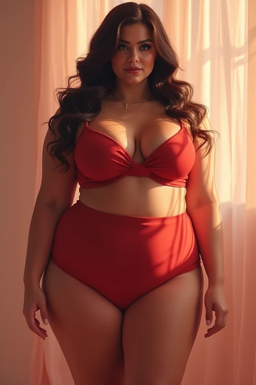 Realistic, wearing red and black gown, open waistline , thick thigh