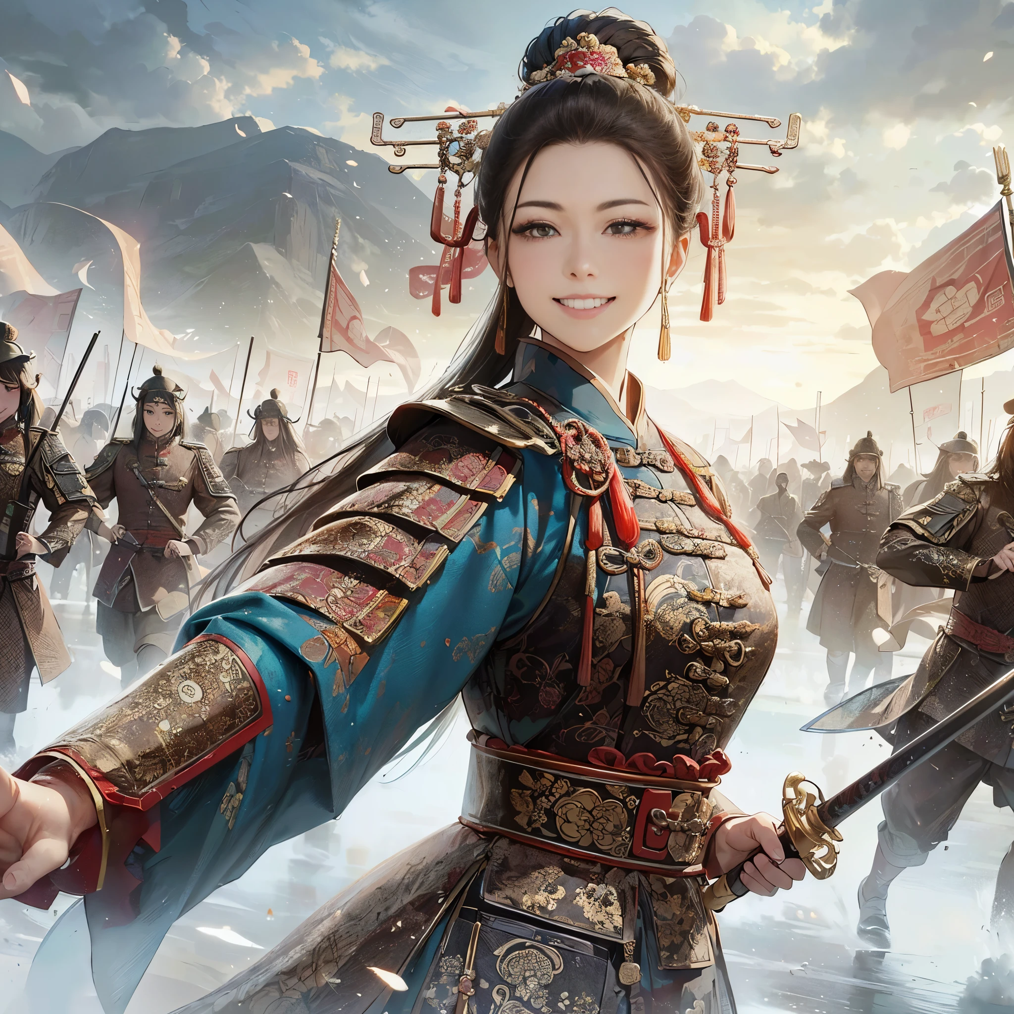 (masutepiece:1.2), (Best Quality:1.2), (high resolution:1.2), (beautiful face and eye:1.2), (sharpest focus:1.2), (Ultra-realistic Photo:1.2), (Ultra-precise Photo:1.2), (Depth of field:1.2), (perfect anatomy:1.2), (nice hands:1.2),
(perfect hands:1.2), (Chinese Song dynasty middle-aged female military chief:1.0), (female military commander leading daughter army with Chinese sword raised wide:1.0), (Fearless smile:1.5), (winning smile:1.5),
(daughter army approaching with a cloud of dust:1.0), (beautiful and magnificent natural land of Song dynasty China:1.5), (incoming clouds rising in the clear blue sky:1.0), (tremendous superlative perspective:1.0),