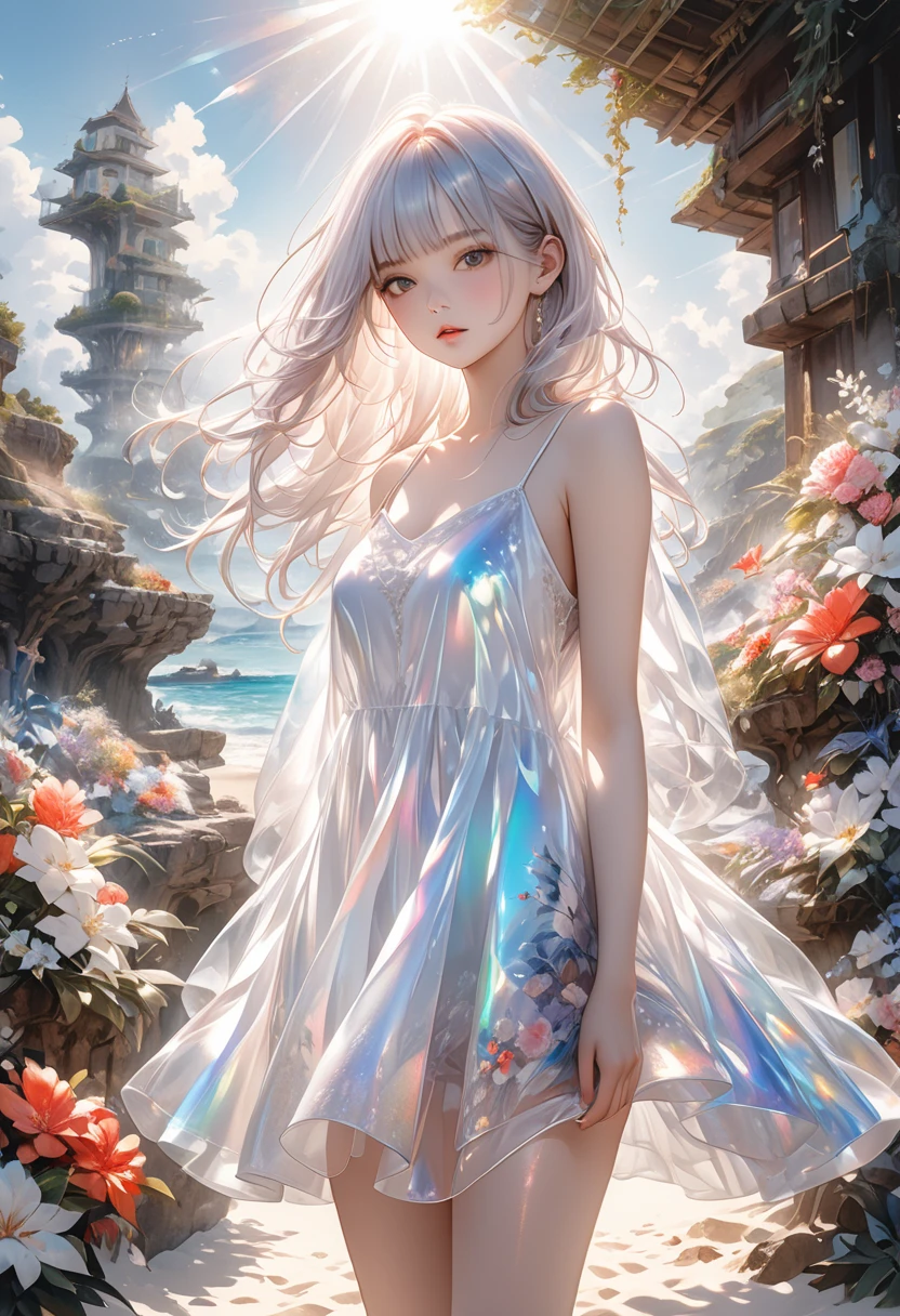 Best quality,Floral hair ornament, indian girl, indian model, smiley face, smile on face, indian goddess, big , cleavage, light blue eyes,Hair fluttering in the wind,smile,large ,Open chest, white dress, white miniskirt,beauty legs, Uyuni Salt Flat, BoliviaBackground, Bolivia,a large body of water with a sky in the background, at salar de uyuni, pink reflections, light white clouds, white clouds, dramatic white clouds, at the salar de uyuni, white storm clouds, clouds in the sky, prismatic cumulus clouds, stunning light reflections, award winning landscape photo, white cloudy background, white landscape