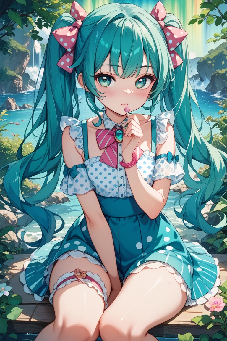  Twin Tails、　 pattern 、1 cute girl、sleepy、Aqua's Eyes、AQUA's hair color 、 2 pink ribbons 、 white polka dot pattern on the ribbon、Green aurora、rainbow、 thighs、