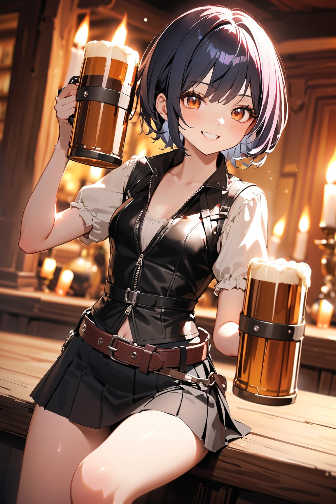 (masterpiece:1.2, Highest quality), (Realistic, photoRealistic:1.4), Beautiful illustrations, (Natural Side Lighting, Cinema Lighting), Looking at the audience, Upper Body, (Front view), 1 girl, Perfect Face, Symmetrical cute face, Glowing Skin, Baby Face, Long eyelashes, (Large Breasts), (Wide Hips:1.2),Beautiful Hair, Beautiful Face, Fine and beautiful eyes, Beautiful body, Beautiful breasts, Beautiful thighs, Beautiful legs, Beautiful fingers,(Beautiful views),(Cute Smile:1.5, Upper Eye),beautiful girl,Perfect body line,(short hair:1.2),(Shaved head),(Brown Hair:1.5),(Plump:0.7),(Hime cut),Office Lady, uniform, bar, (Dark beer,(drinking Dark beer:1.2),afternoon,(she smiles with her hand up holding the Dark beer and her mouth open:1.5),