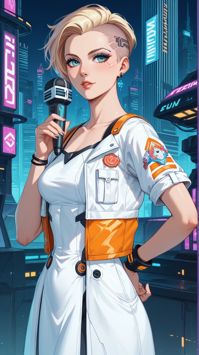 Научная fantasy, Futurism, A beautiful Journalist from the Future ,  with an unusual high-tech electronic microphone with a cat's paw pattern,  in his hand ,  in a white futuristic jacket with neon inserts ,  in an unusual white futuristic dress with holograms and gadgets .  Cyberpunk, Futurism. Научная fantasy. sci-fi, fantasy.  Anime style . Clear contour lines 