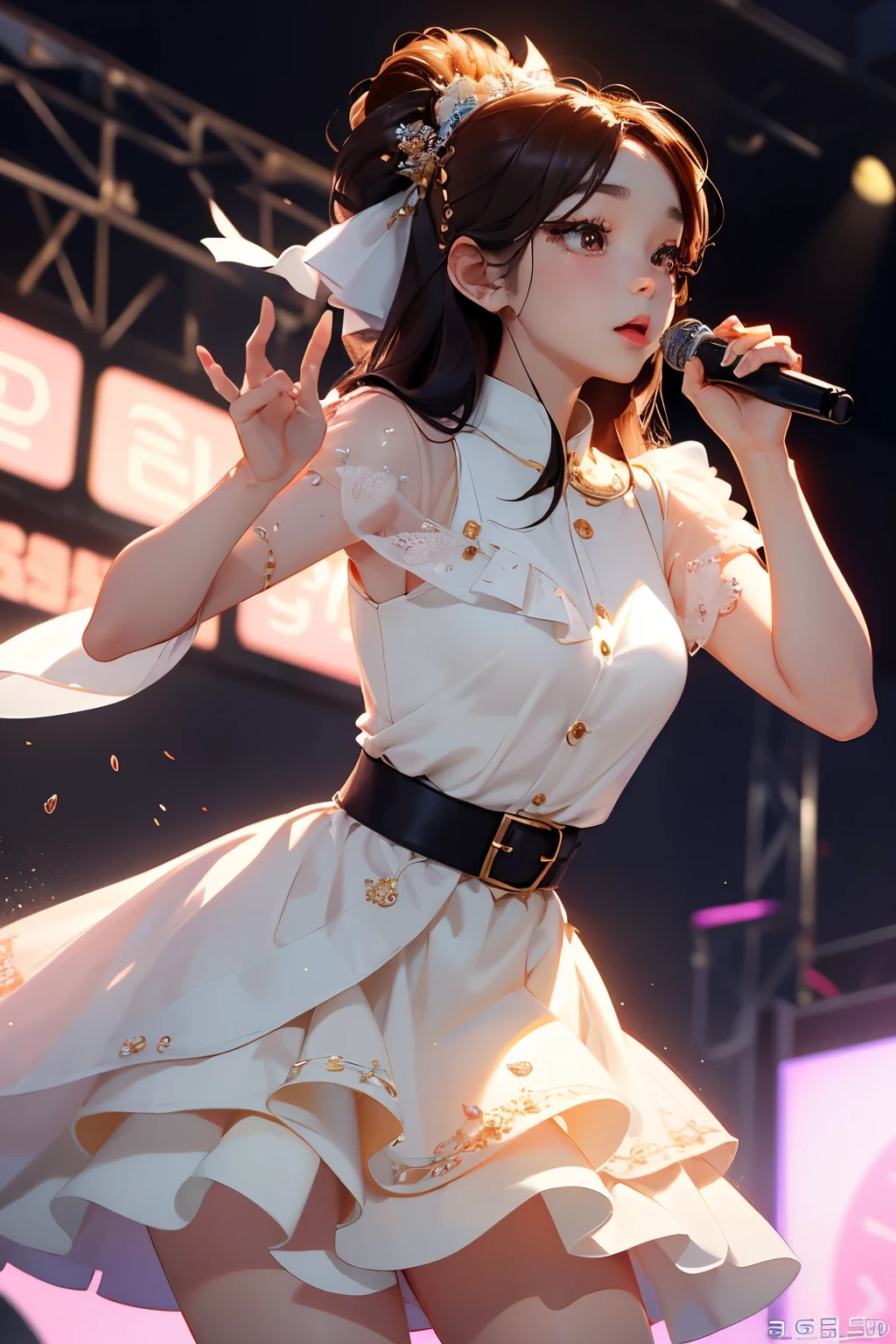 Woman in white dress is on stage with microphone, concept-art, Idol, chiho, shikamimi, Ai Yazawa, cutecore, Belle Delphine, Shiori Teshirogi, 🚿🗝📝, Kotegawa Yui, sakimimichan, 奈良美智, hana yata, Kimi Takemura