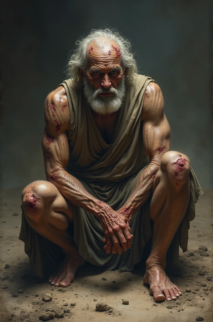 a beautiful nude old man, full body complete, câmera visualiza homem de corpo inteiro em visão frontal, T-Pose, pose em forma de cruz, detailed anatomy, masterpiece, photorealistic, ultra-detailed, 8k, high quality, cinematic lighting, warm color tone, dramatic shadows, realistic skin texture, muscular body, wrinkled skin, detailed face, intense expression, powerful pose