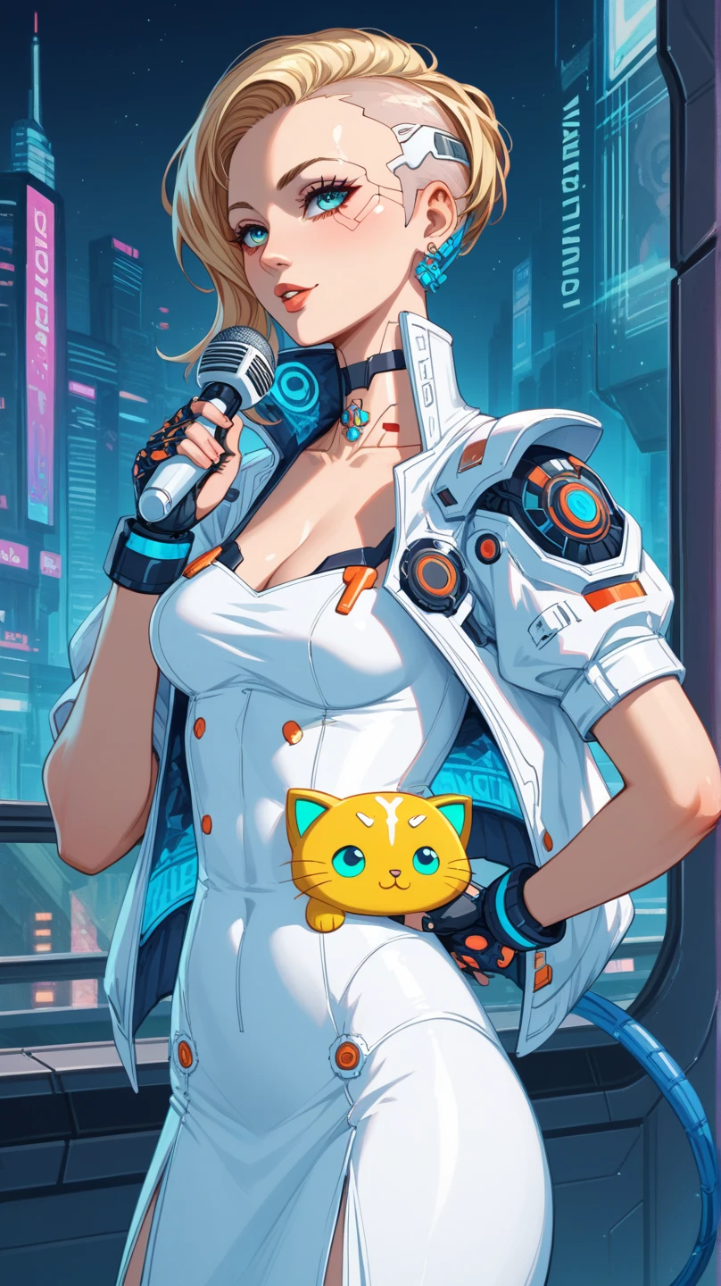 Научная fantasy, Futurism, A beautiful Journalist from the Future ,  with an unusual high-tech electronic microphone with a cat's paw pattern,  in his hand ,  in a white futuristic jacket with neon inserts ,  in an unusual white futuristic dress with holograms and gadgets .  Cyberpunk, Futurism. Научная fantasy. sci-fi, fantasy.  Anime style . Clear contour lines 