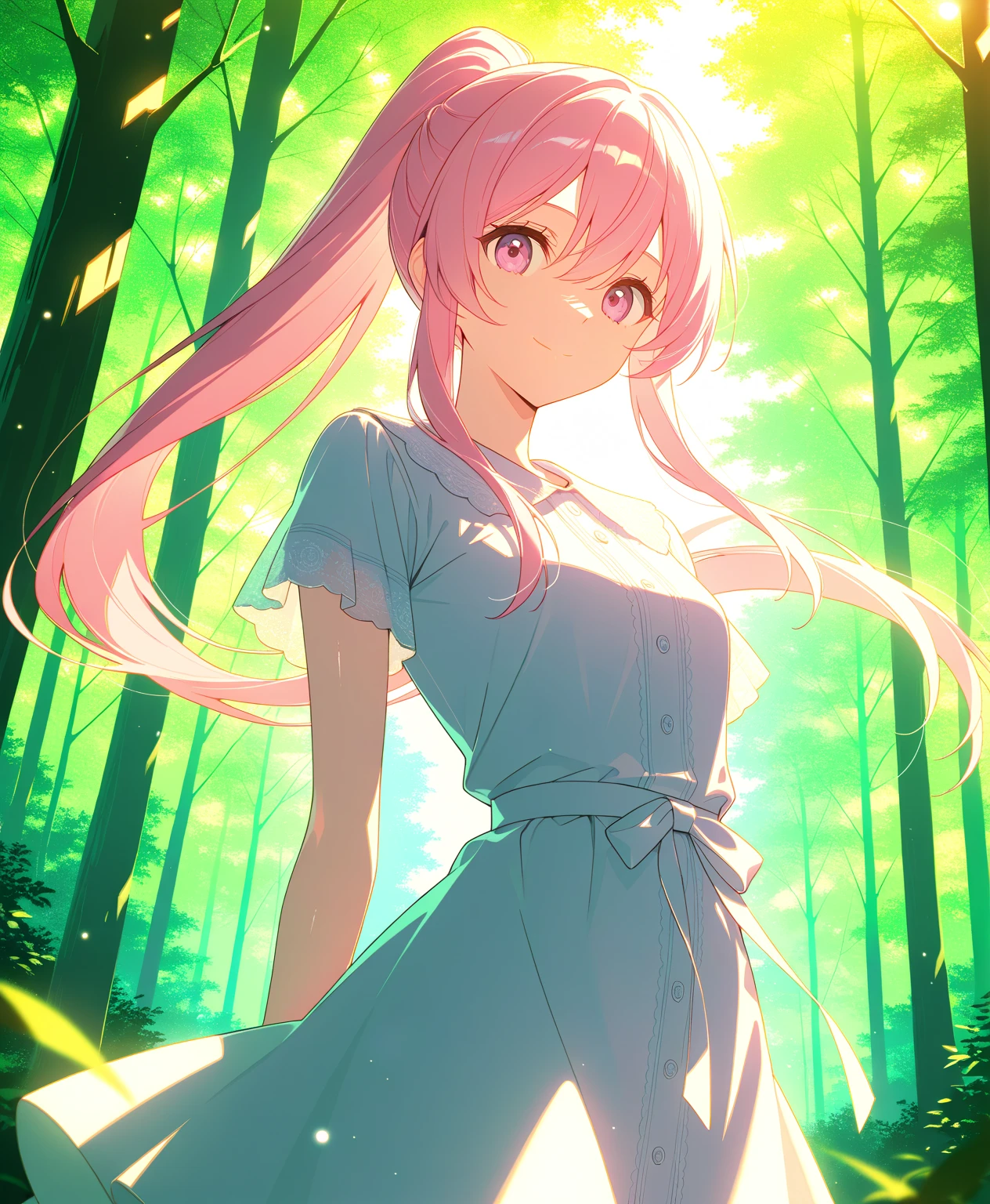 score_9, score_8_up, score_7_up, masterpiece, absurdres, source_anime,safe, 1girl, solo, adult, girl focus, adult, very detailed expressive eyes, very detailed eyes, aesthetic eyes, bright eyes, (bright pink eyes),  pink eyes, beautifully styled hair, very detailed hair, straight hair, bright pink hair, long hair, hair between eyes, (hair styled straight),  (styled ponytail), (straight hair), (straight ponytail),(slim ponytail: 1.2),styled hair,  little smile, looking at viewer, (small breasts), shiny skin, healthy skin colour, BREAK
((black and white) dress),  standing,  half body, cowboy shot, BREAK
outdoors, nature, forest, sunny, BREAK
HDR, 8K, masterpiece, best quality, amazing quality, very aesthetic, high resolution, ultra-detailed, absurdres, newest, scenery, 
aesthetic detailed background, best quality, game cg aesthetics,
 beautiful detailed eyes, detailed skin, detailed hair, light particles,  depth of field, natural shadows, 
(masterpiece), ultra-detailed, 1024k UHD wallpaper, ultra-high resolution, depth of field, HDR, Ray tracing, RTX, high saturation, photon mapping, best texture quality, best compotitions, (extremely detailed CG 1024k wallpaper), High Details, Detailed face, Detailed Clothes, Ultra HD Photo, Perfect Face, expressive eyes, bright colours