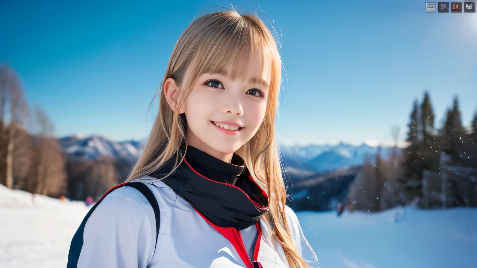 (Face shot of one slender small breasts half up blonde long hair with bangs girl in  long sleeve and long pants colorful snow board wear without logo:1.5)、(One blonde hair girl is playing snow board with a show face and a small smile :1.5)、(Snow Ski Garden:1.5)、(Beautiful blue sky 1.5)、(No mask:1.3)、(blurred background:1.5)、(Natural light:1.5)、(8k ultra detailed master piece:1.5)、(perfect anatomy:1.5)、(Photorealistic stick:1.5)、(Raw photo:1.3)、(highest quality:1.5)、(High resolution:1.3)、(Delicate and beautiful perfect face:1.3)、(Delicate and beautiful eye air skin:1.3)、(Real Human Skin:1.3)、((thin legs))