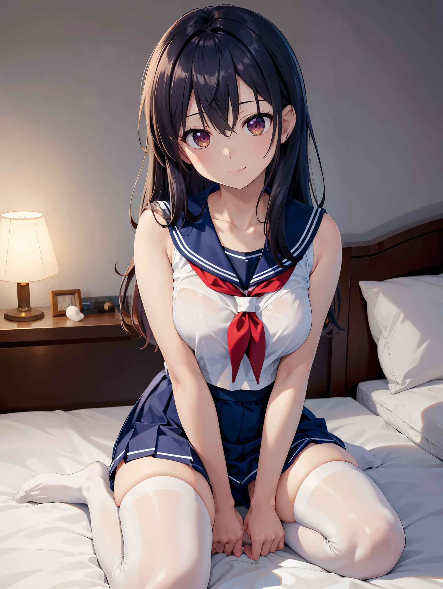 An unwell high school girl wearing a miniskirt sailor uniform who sleeps on a bed in the infirmary until late at night