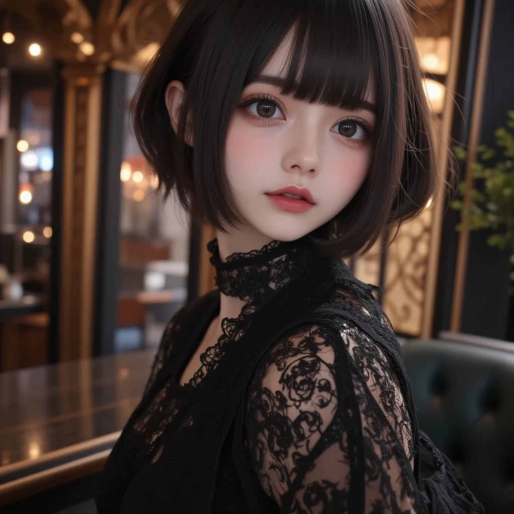 8k, ultra high definition ,   best quality , Masterpiece,rule of thirds,golden ratio, surreal,photograph,  one woman,(  girl :1.3), cute, cute顔, 細部まで  beautiful eyes, 細かく Details, Mature Woman , princess,full body,smile, black hair,drill hair,ID photo,future, Brutal Cyberpunk Woman, luxurious and beautiful ,Cafe counter  ,(( Rococo Style Maid Clothes :1.5)),  white apron ,Knee-length boots, Luxurious Decor,(BDSM Femdom),(Cute  girl ),(Upper class woman:1.5), Expression of Despair , dark atmospheric lighting , Delicate Details,   Detailsな顔,anger,  charming eyes,(ポートレートphotograph:1.4), fantasy art ,(  beautiful faces:1.4),美しく  charming eyes、  beautiful eyes,Silver Remaining,(  thin waist:1.4)、( Beautiful :1.4),  pink lips, profile,(((  ideal body shape))),Small bust, A cup :2,、 portrait:2、  Complete anatomy 、鮮明な  Details、  Details, thin lips,完璧で  beautiful faces ,完璧で cute顔,   Meticulous Skin  ,  Perfect Limbs 、  thin waist,  surreal,Light and Dark,  fashion magazine cover,spotlight