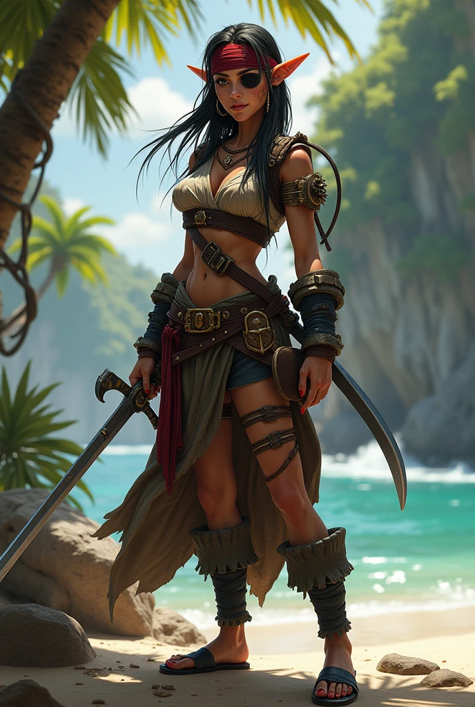 ((Simon Bisley)), Beautiful full-body woman, 30 years old, muscular and perfect body, barbarian warrior with little clothing, tiny thong, large breasts, generous neckline, holding a bloodstained sword, brave face, dark kingdom, sexy pose, walking on a pirate beach