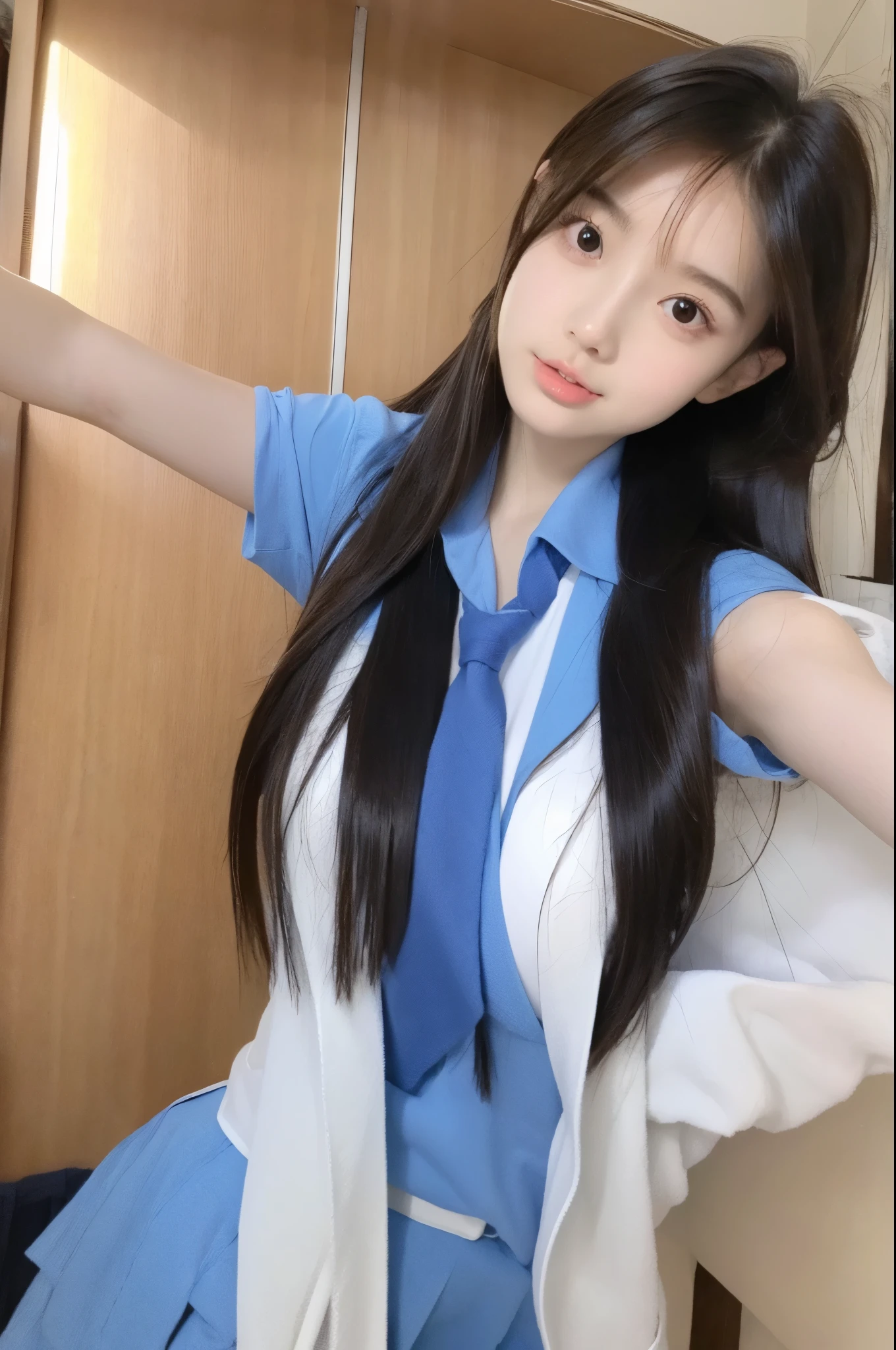  beautiful woman with perfect body：1.4，Layered Hairstyle，High precision face and skin texture，Skin Whitening， long hair，school uniforms