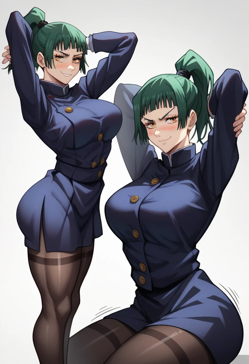 score_9, score_8_up, score_7_up, source_anime, best quality, clear face,1girl, Maki (jujutsu kaisen), green hair, orange eyes, medium hair,ponytail, large breasts, perfect body, looking at , cute embrassed,smug,blush,wearing black shirt,miniskirt tight,view ,big tit,hot,r,motion lines,motioon lines,standing stretching,big sexy thighs,sexy,curvy ass,hourglass body,sexy,black thighs,sexy,stretching legs,sexy pose,black tights, covering croth 