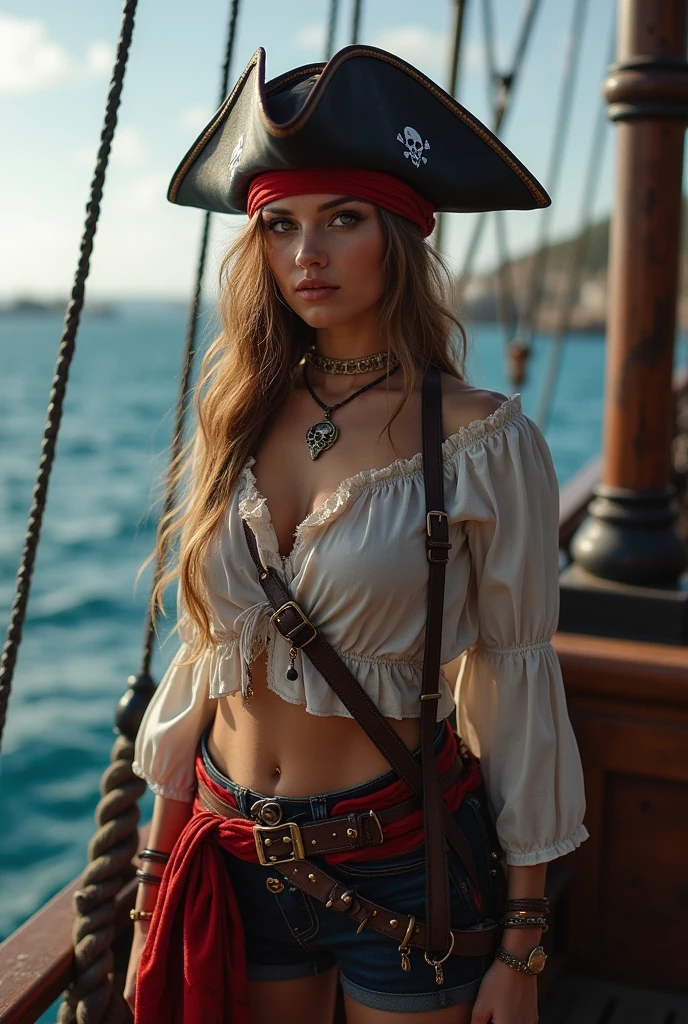 official photo, 8k photo portrait, ultra detailed, beautiful and aesthetic, best quality, the pirate Keira Knightley, white silk shirt, see through, belt with pistol holsters and a sword at the side, epic marine background, dynamic angle, the most beautiful, elegant, vivid colours, pirates romanticism, atmospheric, Pirates of the Caribbean style, (epiCRealism:1.4),soaking wet, sexy pose, aroused, wants to fuck, looking at viewer, oily skin, SoakingWetClothes, wet clothing:1.4,soaking wet, see trough, on a pirate ship, water dripping