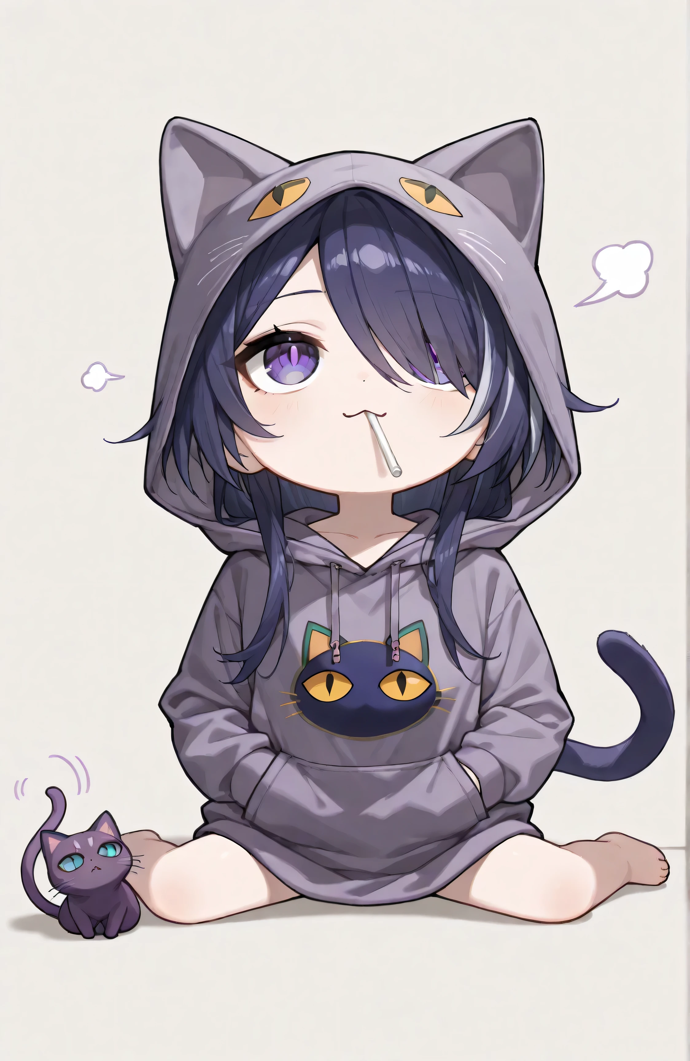 masterpiece, best quality,(Very Simple Drawing:1.2), (Deformation:1.0), (Comical:1.3), solo, acheron \(honkai: star rail\), purple hair, hair over one eye, long hair, purple eyes, 1girl\((Chibi:1.4), Beautiful, Young, (purple Cat Hoodie:1.5),(purple Cat ear Hoodie\(cat face printed\):1.5),purple cat-tail,purple eyes,big eyes,detailed pupils, short white straw at mouth,(Good Mood:1.2), (Hands in Pocket:1.0),sit on the ground,rough pose,looking up,looking away\), simple background