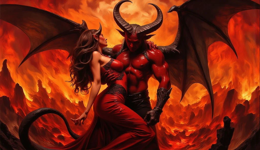 (best quality, 128k,highres,masterpiece:1.2),ultra-detailed,(realistic,photorealistic,photo-realistic:1.37), ((masterpiece)) ((photography)) ((Highest quality)) An oil painting depicting a sensual and romantic scene of a demonic couple in a fiery underworld. The male demon, with a powerful and muscular build, has crimson skin and large, curved black horns. His dark, bat-like wings spread wide as he holds the female demon close. She has a voluptuous figure, adorned in a flowing black and red gown with intricate lace details, her deep red skin glowing faintly in the firelight. Her long, dark hair cascades over her shoulders, and her fiery orange eyes meet his with an intense, passionate gaze.  

The background is a hellish landscape of molten lava, jagged rocks, and swirling embers, painted with bold strokes of red, black, and orange. The couple's embrace is illuminated by the glow of the surrounding flames, symbolizing their fiery connection. The brushstrokes convey both the heat of the infernal setting and the intimacy of their bond, creating a dramatic and emotional masterpiece.