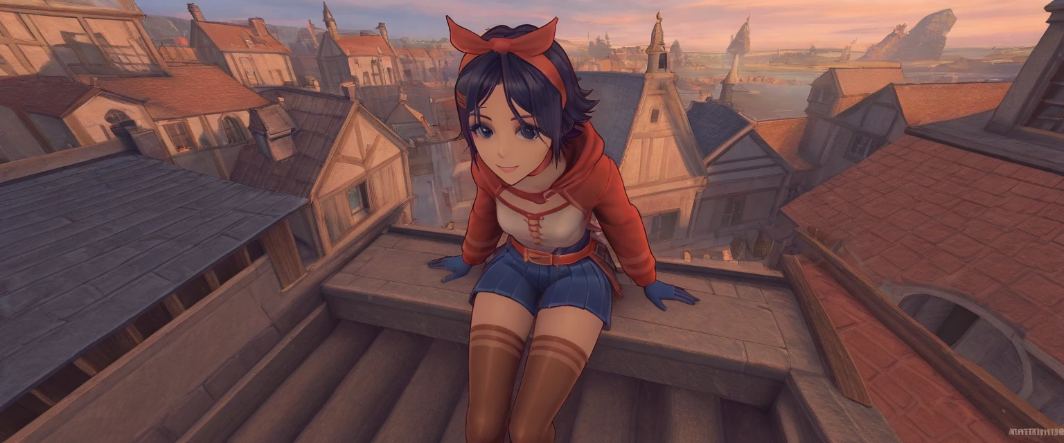 1girl, short hair, hair bow, brown thighhighs, blue eyes, masterpiece, best quality, 8k, high resolution, aesthetically pleasing, dark hair, Mita, blue pleated shorts, smile, assassin's creed, red hood, long blue gloves, belts on body, sitting on the roof, medieval town, high detailed, ultrarealistic full-lenght photo, 4k