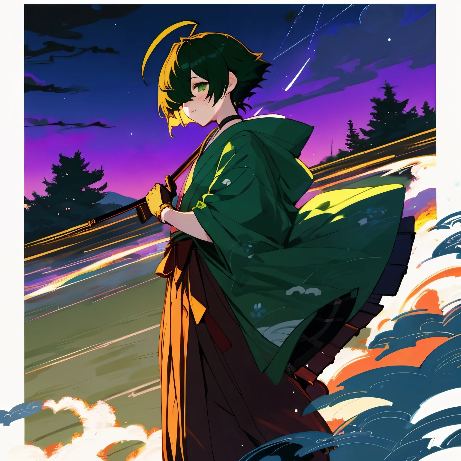 (boy), green ivy hair, green eyes, short cut, side part, ahoge, hair over one eye, thin eyebrows, young, alone, short, Shota, solo, slim, hakama, japanese clothes, gloves, hood, choker, dark fantasy, cult party kei, at night, wearing a hood, cult party kei, folk art, Taisho, Japanese festival