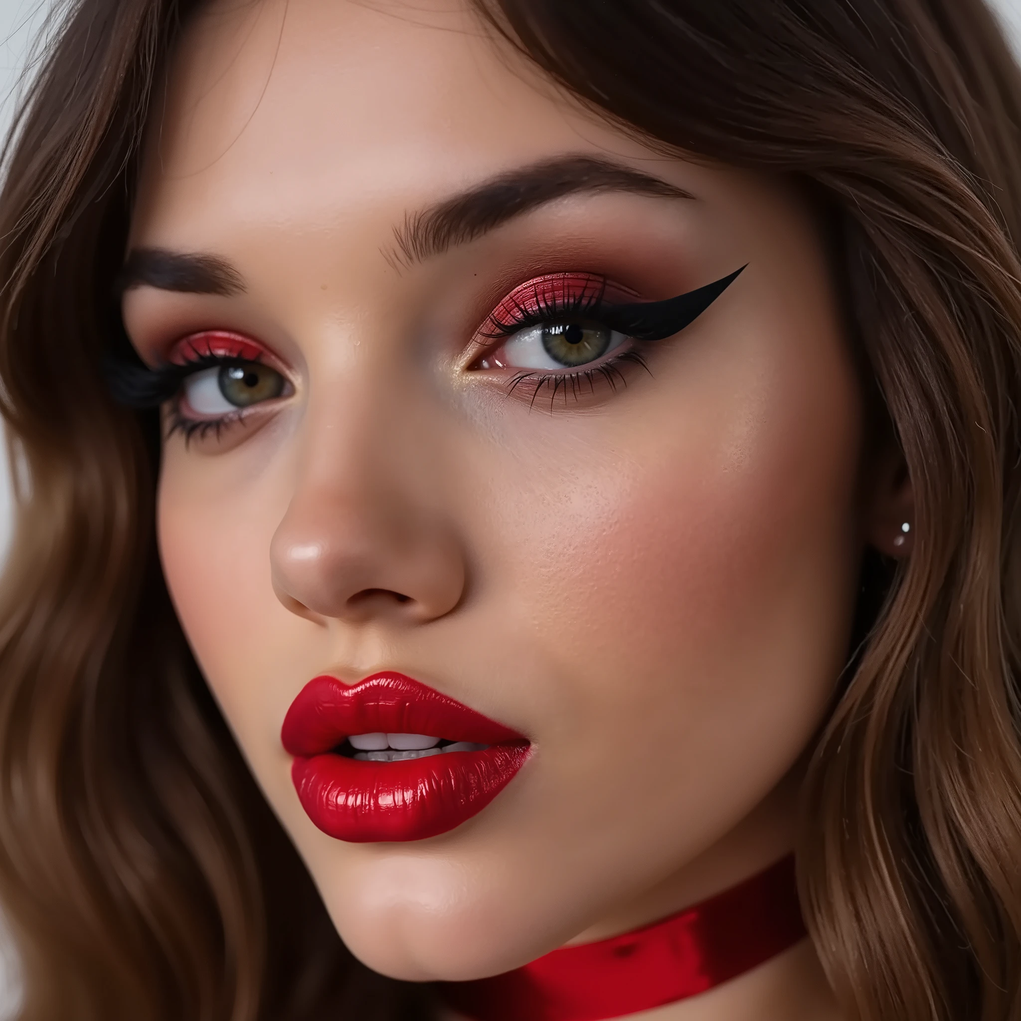 Close up portait of lips and eyes, eyeliner flicks, red lip shiny vinyl gloss, dramatix make up, latex choker, shiniest gloss on lips, reflective lip gloss, luminescent lip gloss, mirror like lip gloss,