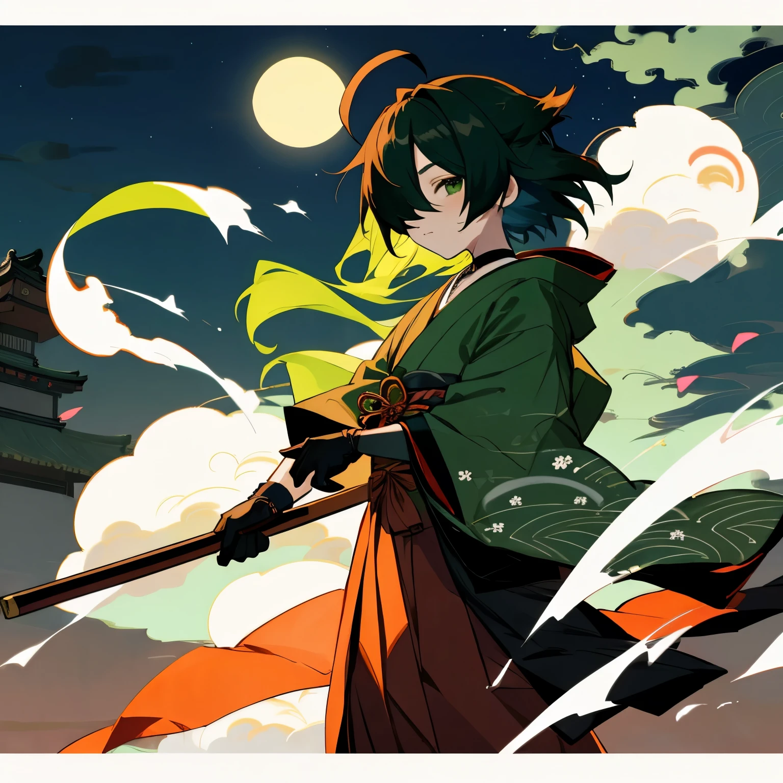 (boy), green ivy hair, green eyes, short cut, side part, ahoge, hair over one eye, thin eyebrows, young, alone, short, Shota, solo, slim, hakama, japanese clothes, gloves, hood, choker, dark fantasy, cult party kei, at night, wearing a hood, cult party kei, folk art, Taisho, Japanese festival