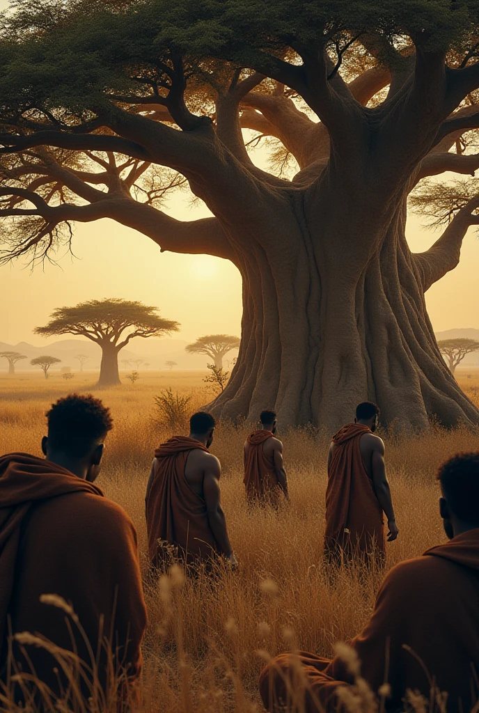  A Lozi man, a goat herder sitting under a shady tree in the savanna with his 3 friends and several horses