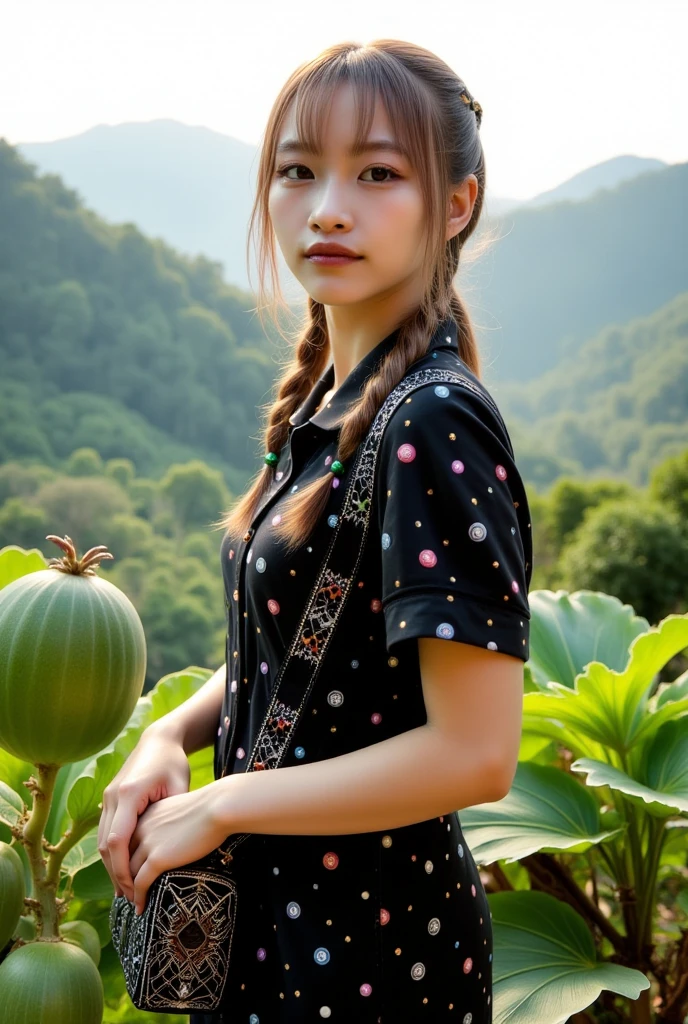 Photo of a young Asian woman standing outdoors with a scenic view of rolling hills and trees in the background. The woman has long light brown hair styled in two low pigtails. She's wearing a black dress with short sleeves and small, colorful polka dots. The dress has a collared neckline and buttons down the front. She's holding a black and white patterned handbag. The foreground features lush green foliage, including a papaya tree, and the background shows a valley with vegetation and hills. The lighting suggests it's either early morning or late afternoon, with a soft, warm glow.